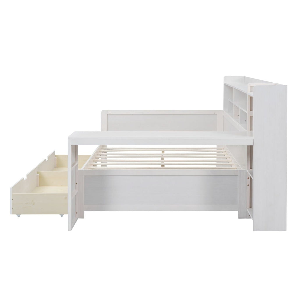 Wooden Full Size Daybed with Storage Shelves, Multi - functional Bed with Two Storage Drawers and Study Desk, Antique White (Old SKU: HL000089AAK) - Comfortable Living Decor