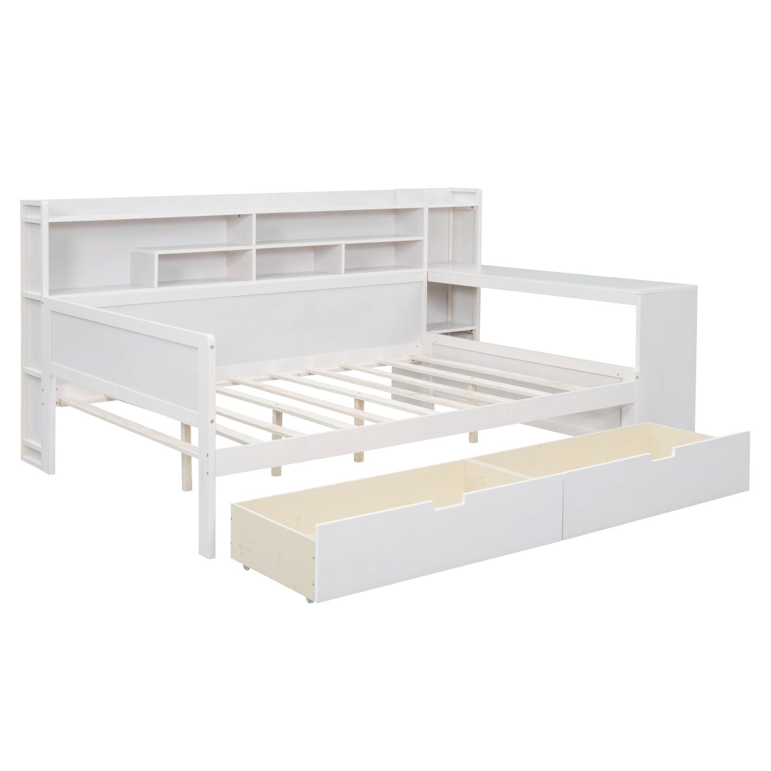 Wooden Full Size Daybed with Storage Shelves, Multi - functional Bed with Two Storage Drawers and Study Desk, Antique White (Old SKU: HL000089AAK) - Comfortable Living Decor
