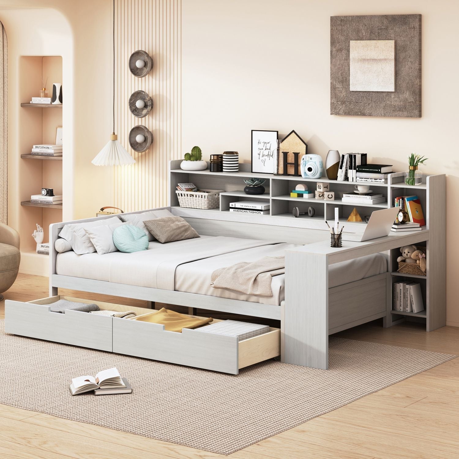 Wooden Full Size Daybed with Storage Shelves, Multi - functional Bed with Two Storage Drawers and Study Desk, Antique White (Old SKU: HL000089AAK) - Comfortable Living Decor