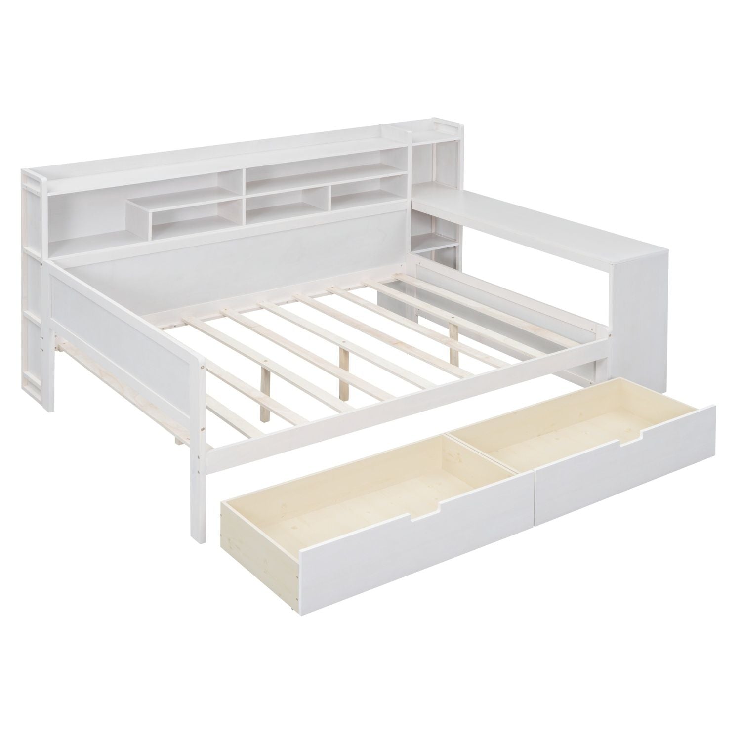 Wooden Full Size Daybed with Storage Shelves, Multi - functional Bed with Two Storage Drawers and Study Desk, Antique White (Old SKU: HL000089AAK) - Comfortable Living Decor