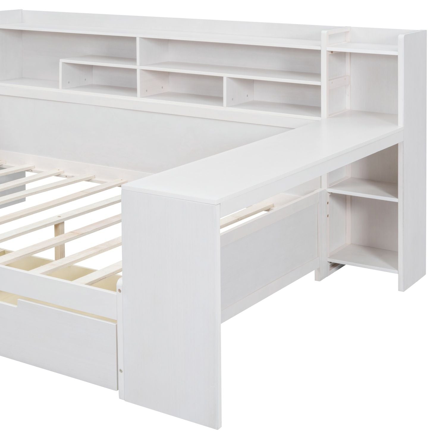 Wooden Full Size Daybed with Storage Shelves, Multi - functional Bed with Two Storage Drawers and Study Desk, Antique White (Old SKU: HL000089AAK) - Comfortable Living Decor
