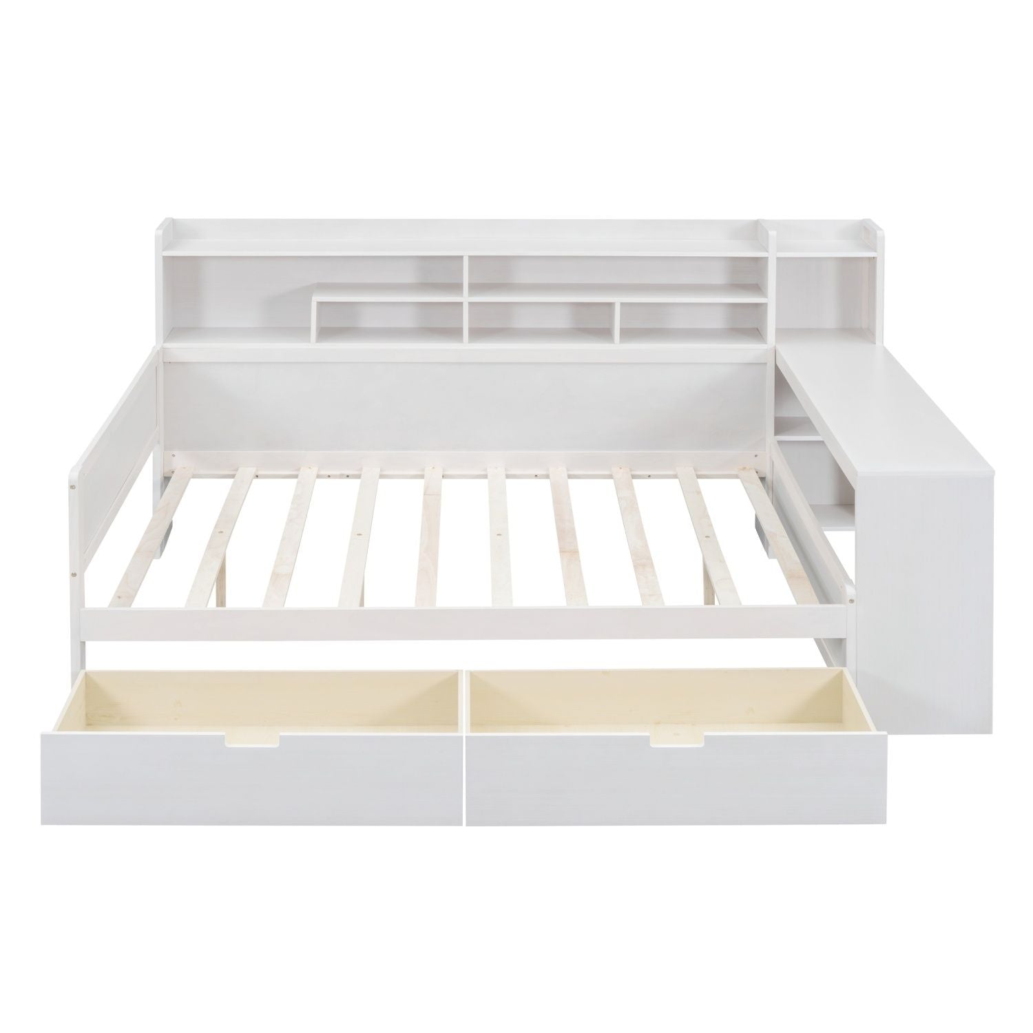 Wooden Full Size Daybed with Storage Shelves, Multi - functional Bed with Two Storage Drawers and Study Desk, Antique White (Old SKU: HL000089AAK) - Comfortable Living Decor
