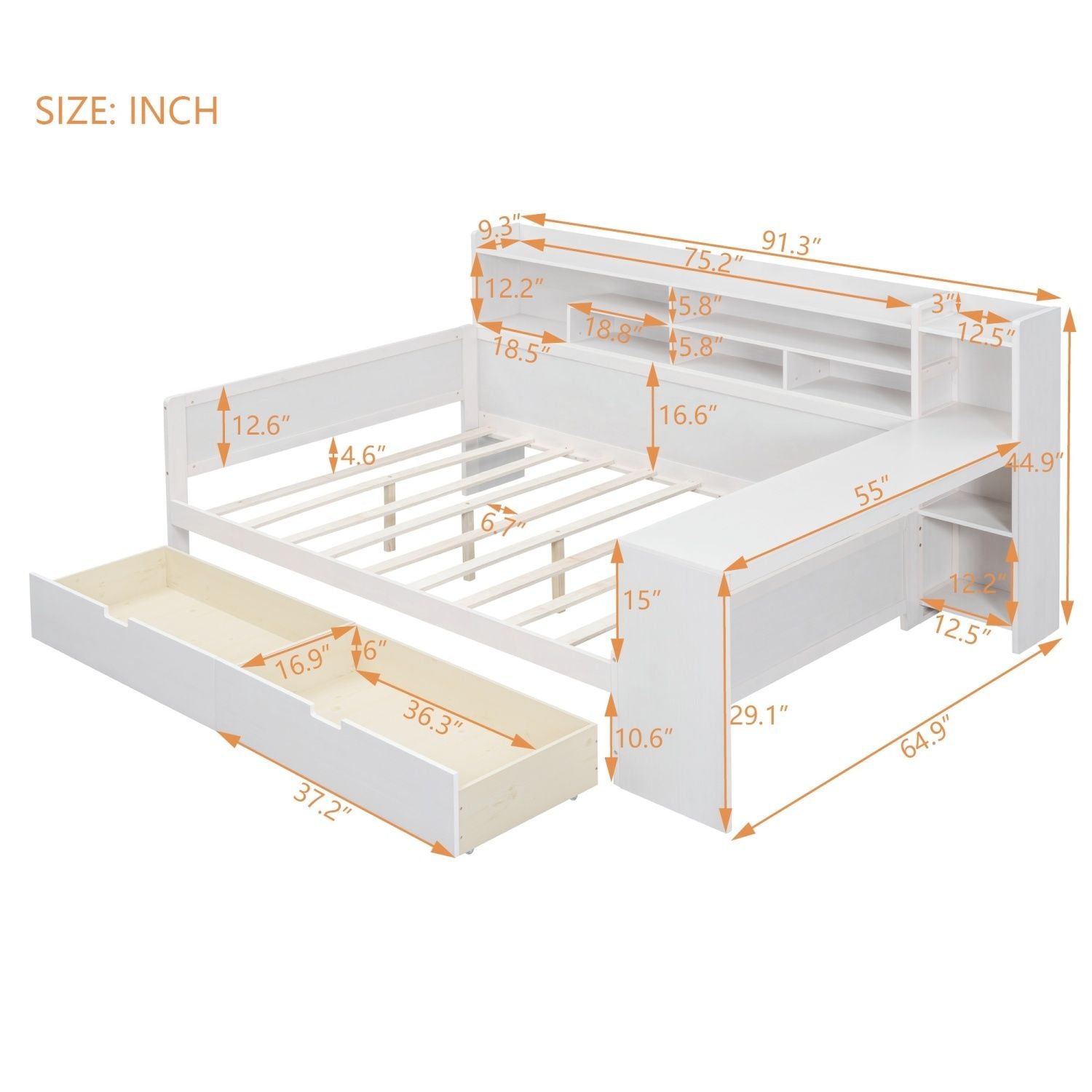Wooden Full Size Daybed with Storage Shelves, Multi - functional Bed with Two Storage Drawers and Study Desk, Antique White (Old SKU: HL000089AAK) - Comfortable Living Decor