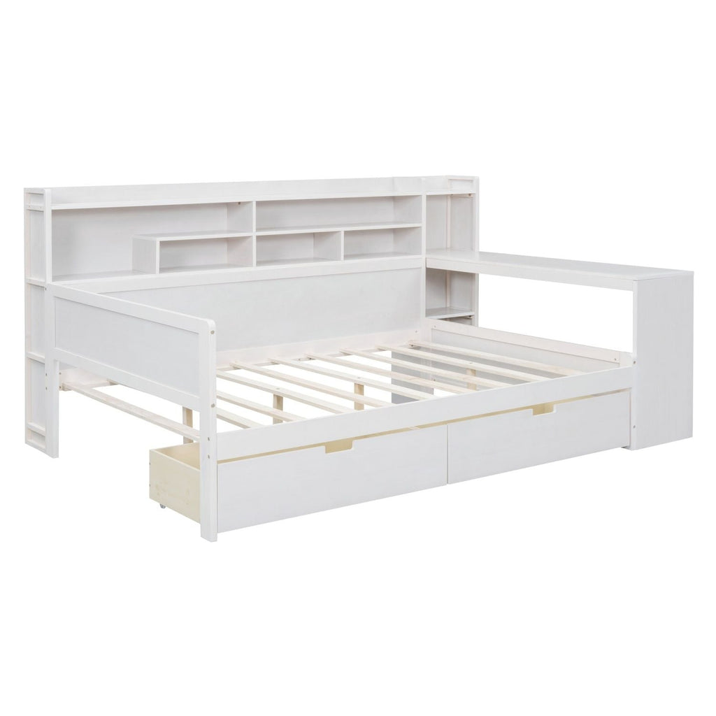 Wooden Full Size Daybed with Storage Shelves, Multi - functional Bed with Two Storage Drawers and Study Desk, Antique White (Old SKU: HL000089AAK) - Comfortable Living Decor