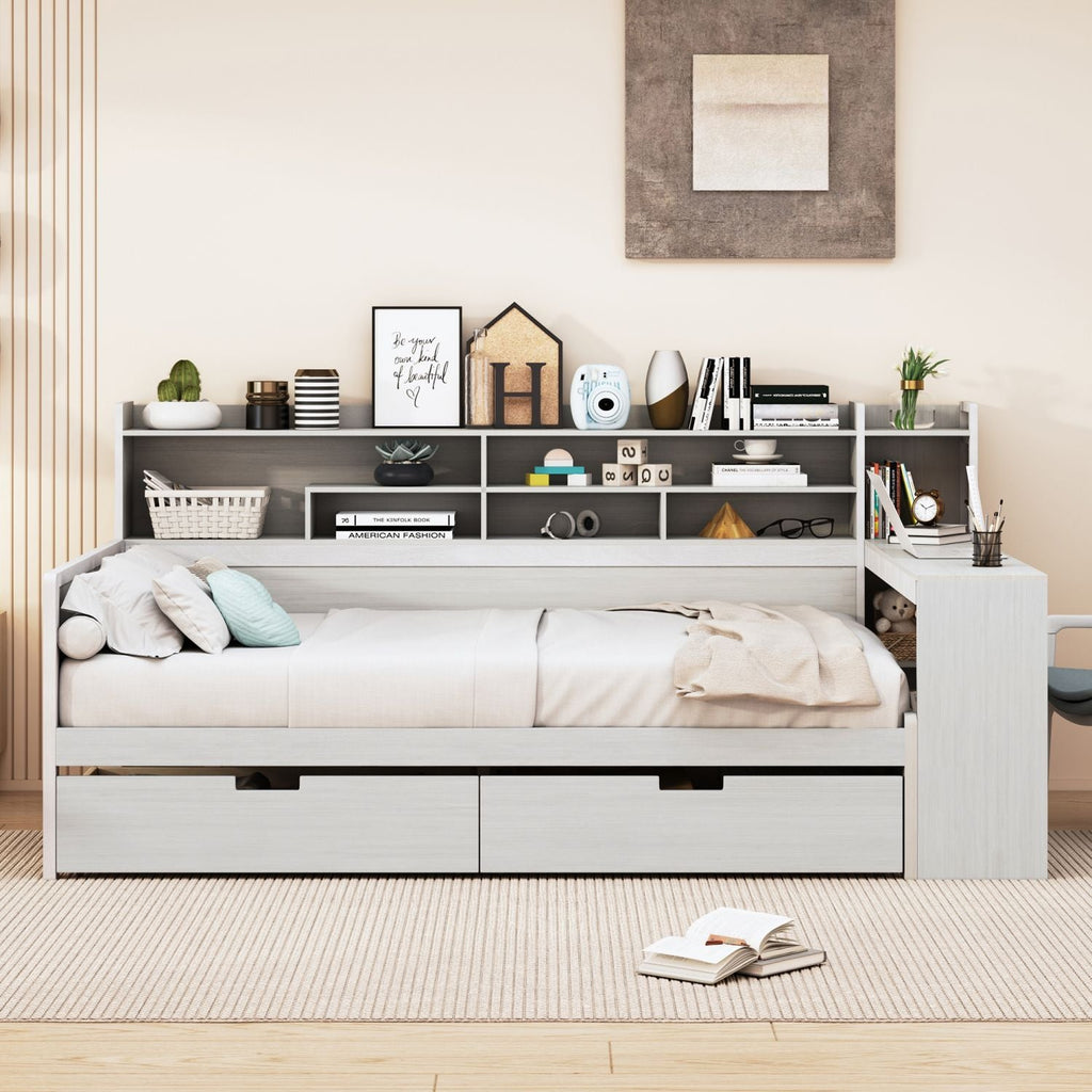 Wooden Full Size Daybed with Storage Shelves, Multi - functional Bed with Two Storage Drawers and Study Desk, Antique White (Old SKU: HL000089AAK) - Comfortable Living Decor