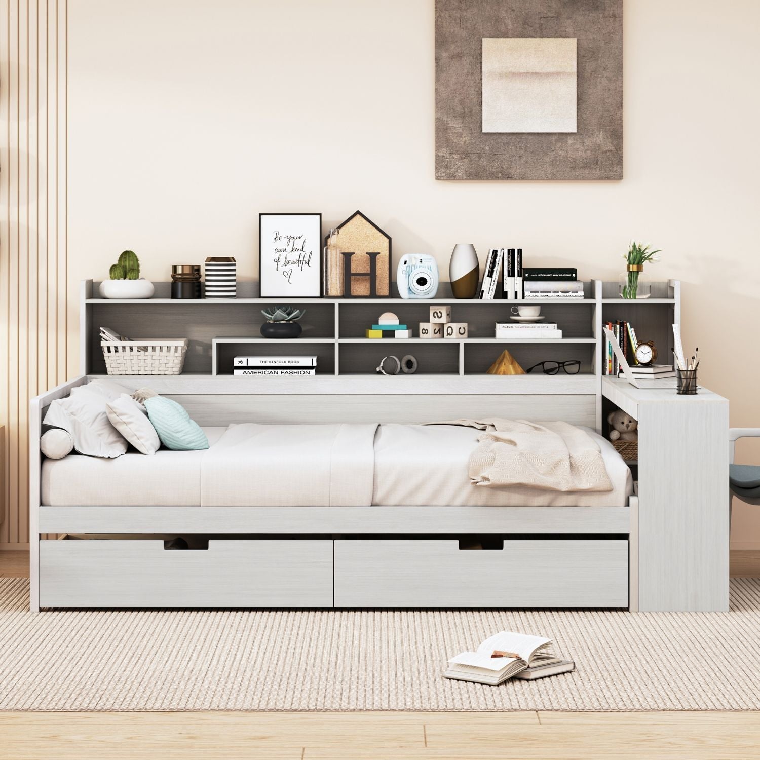 Wooden Full Size Daybed with Storage Shelves, Multi - functional Bed with Two Storage Drawers and Study Desk, Antique White (Old SKU: HL000089AAK) - Comfortable Living Decor