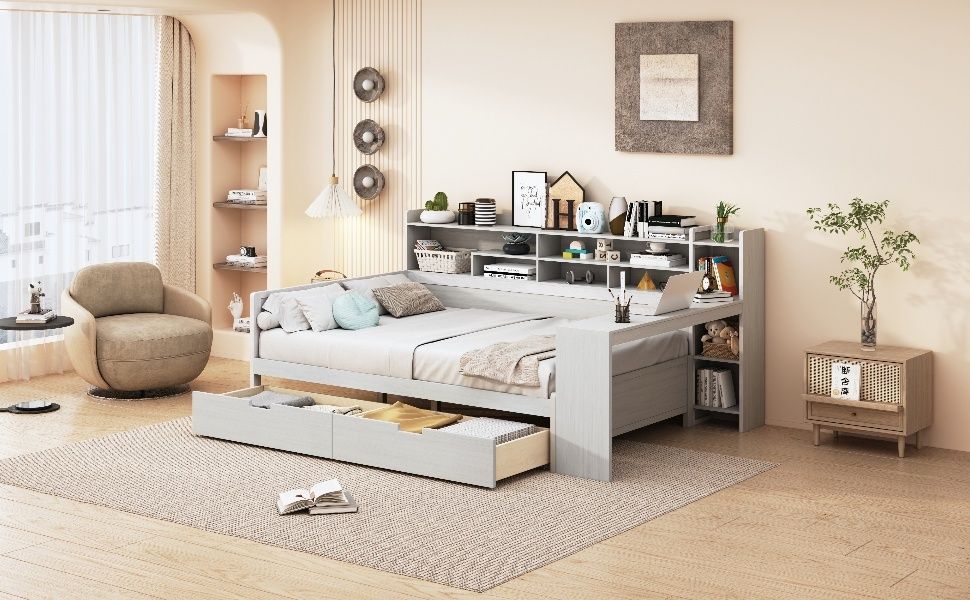 Wooden Full Size Daybed with Storage Shelves, Multi - functional Bed with Two Storage Drawers and Study Desk, Antique White (Old SKU: HL000089AAK) - Comfortable Living Decor