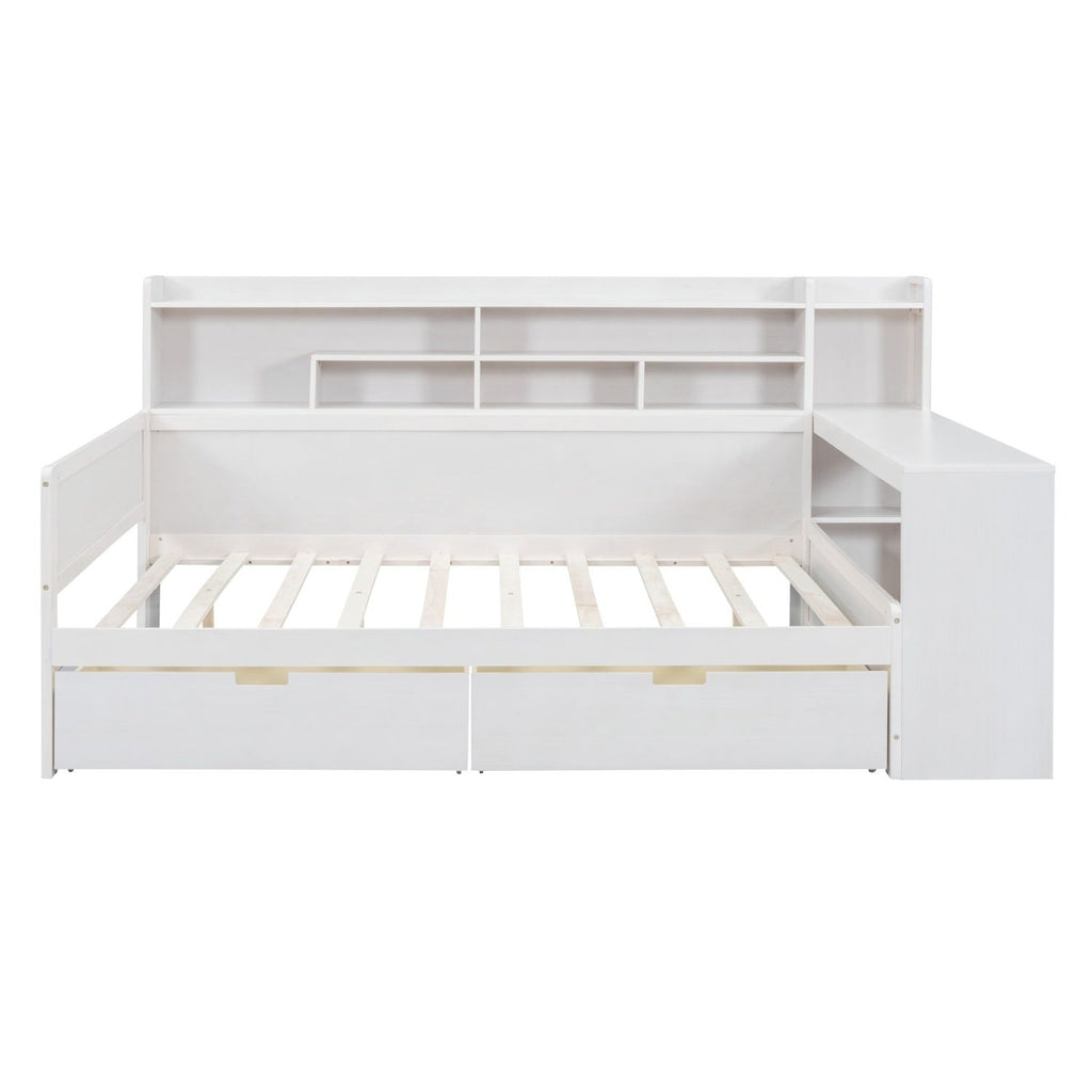 Wooden Full Size Daybed with Storage Shelves, Multi - functional Bed with Two Storage Drawers and Study Desk, Antique White (Old SKU: HL000089AAK) - Comfortable Living Decor
