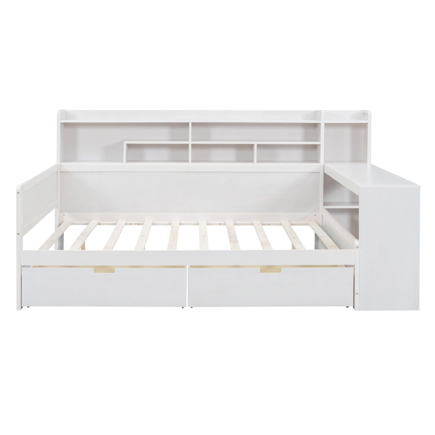 Wooden Full Size Daybed with Storage Shelves, Multi - functional Bed with Two Storage Drawers and Study Desk, Antique White (Old SKU: HL000089AAK) - Comfortable Living Decor