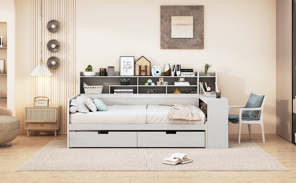 Wooden Full Size Daybed with Storage Shelves, Multi - functional Bed with Two Storage Drawers and Study Desk, Antique White (Old SKU: HL000089AAK) - Comfortable Living Decor