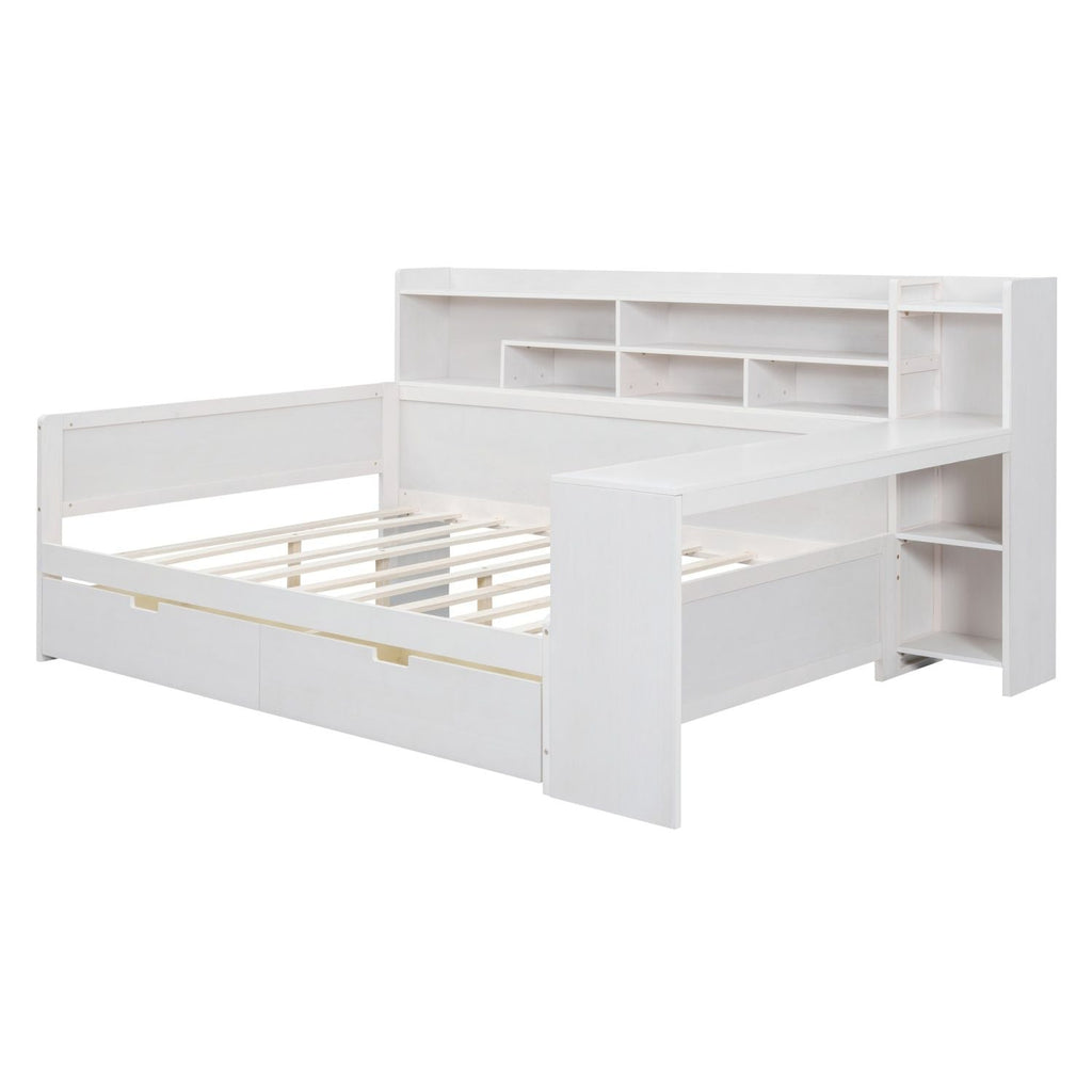 Wooden Full Size Daybed with Storage Shelves, Multi - functional Bed with Two Storage Drawers and Study Desk, Antique White (Old SKU: HL000089AAK) - Comfortable Living Decor