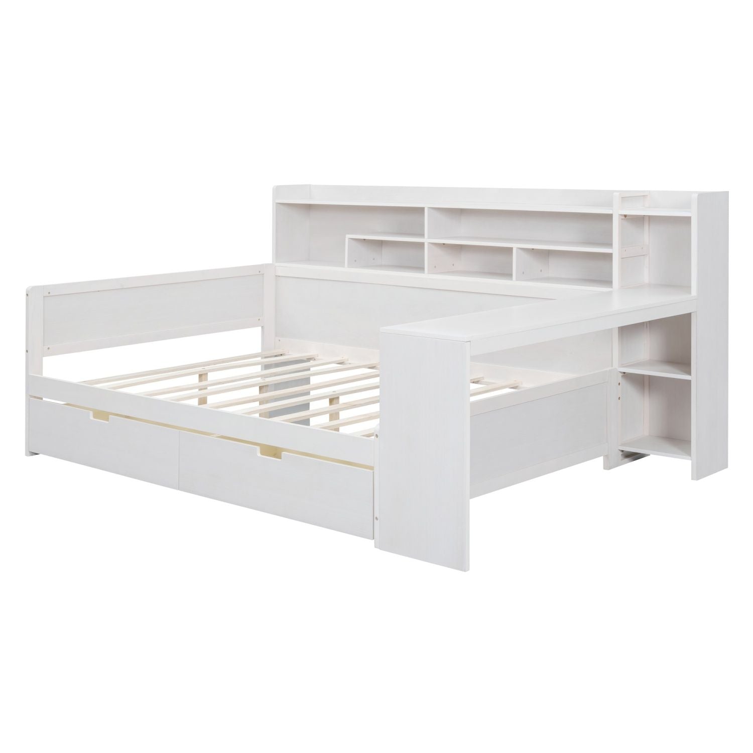 Wooden Full Size Daybed with Storage Shelves, Multi - functional Bed with Two Storage Drawers and Study Desk, Antique White (Old SKU: HL000089AAK) - Comfortable Living Decor