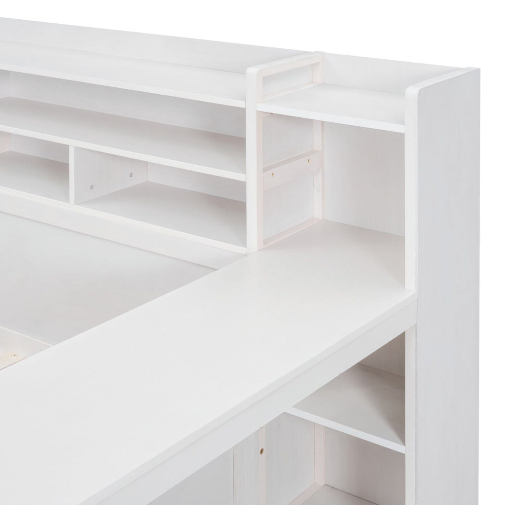 Wooden Full Size Daybed with Storage Shelves, Multi - functional Bed with Two Storage Drawers and Study Desk, Antique White (Old SKU: HL000089AAK) - Comfortable Living Decor