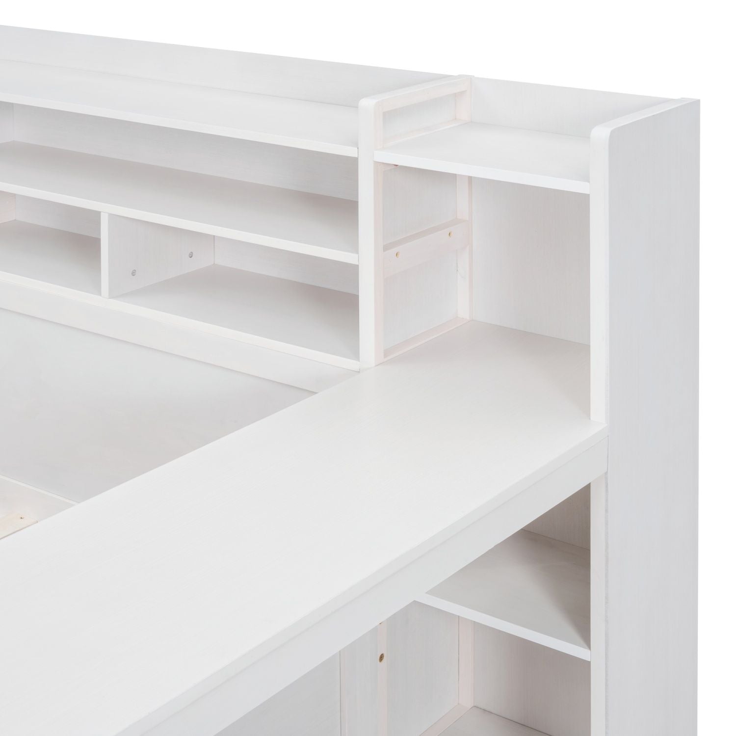 Wooden Full Size Daybed with Storage Shelves, Multi - functional Bed with Two Storage Drawers and Study Desk, Antique White (Old SKU: HL000089AAK) - Comfortable Living Decor