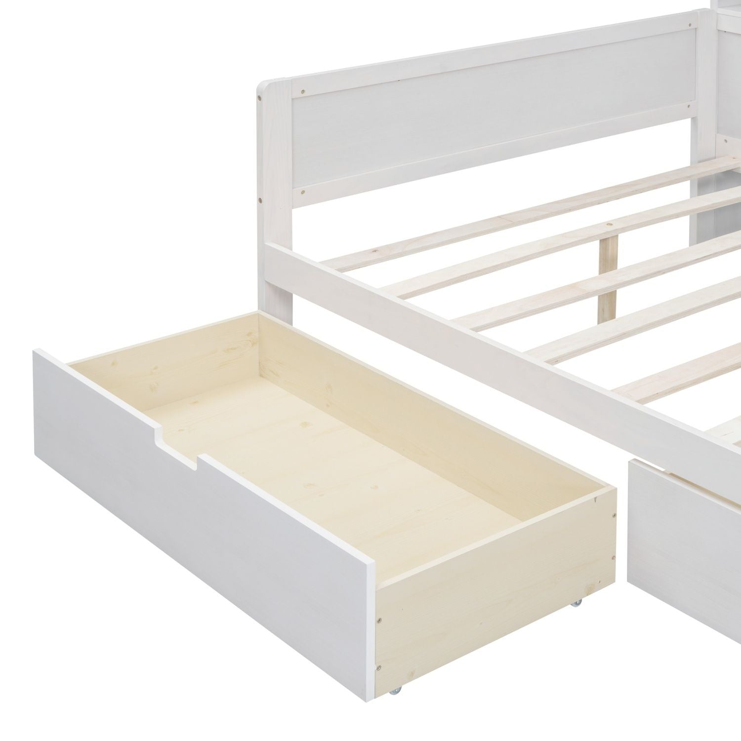 Wooden Full Size Daybed with Storage Shelves, Multi - functional Bed with Two Storage Drawers and Study Desk, Antique White (Old SKU: HL000089AAK) - Comfortable Living Decor