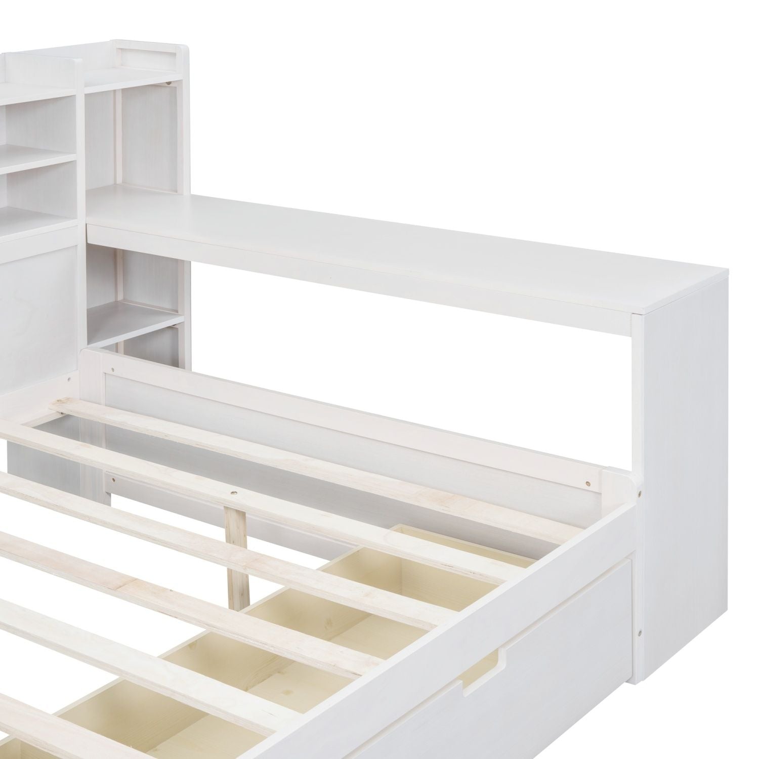 Wooden Full Size Daybed with Storage Shelves, Multi - functional Bed with Two Storage Drawers and Study Desk, Antique White (Old SKU: HL000089AAK) - Comfortable Living Decor